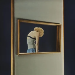 Framed photograph showing a woman with curly blonde hair bending forward against a dark background