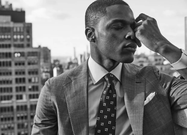 Black and white portrait of an African American man in a suit and tie, standing against an urban skyline with multiple buildings.