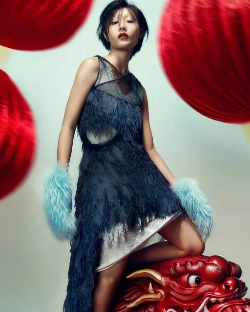Portrait of a young Asian woman with short black hair, wearing a dark blue fringe dress, posing with a decorative red dragon.