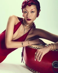 Model in red halter top leaning on a large red drum wearing gold jewellery and sculpted crimson hair against a light background