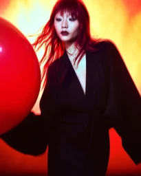 Woman in black robe with red hair standing beside a large red sphere against a vibrant orange and yellow backdrop.