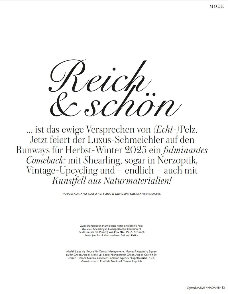 Fashion advertisement with large stylized text 'Reich & schön' in black font, promoting Herbst-Winter 2025 collection. Focus on luxury and natural materials.