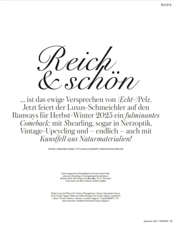 Fashion advertisement with large stylized text 'Reich & schön' in black font, promoting Herbst-Winter 2025 collection. Focus on luxury and natural materials.