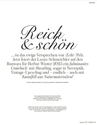 Editorial magazine layout with prominent black typography titled Reich and schön against a clean white background.