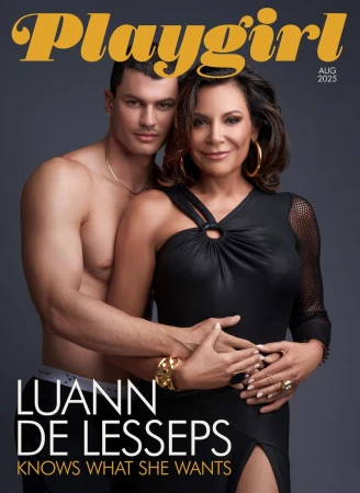 Luann de Lesseps posing in a black dress with a shirtless man embracing her for Playgirl Magazine