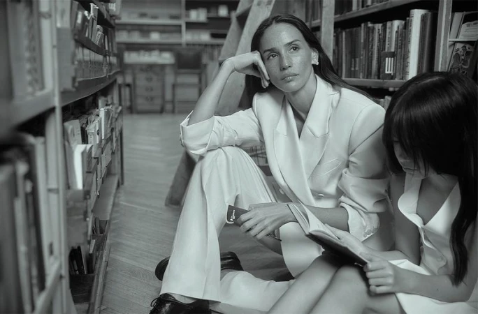 Two people, an adult and a child, sitting on the floor of a library surrounded by bookshelves in a black-and-white photograph.