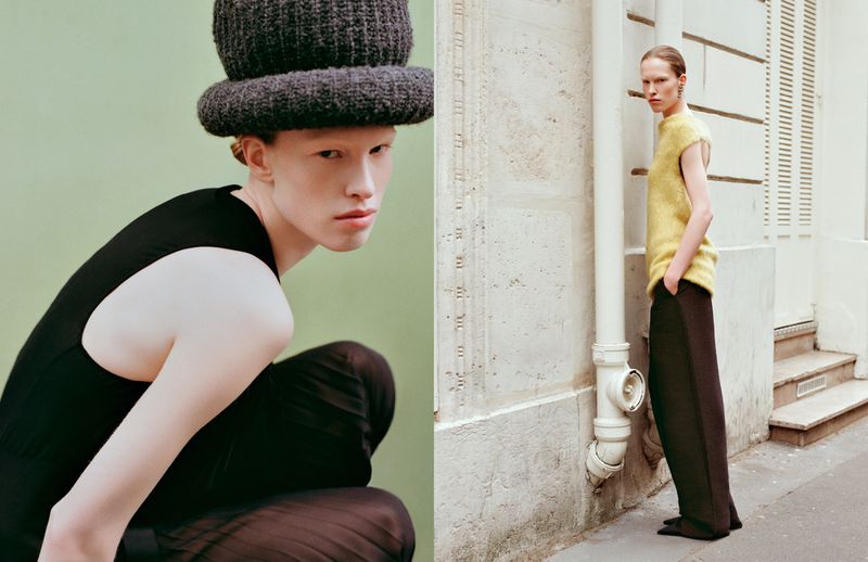 Two fashion portraits of a young adult with light skin wearing stylish clothing, one in a knit hat, against a green studio backdrop.