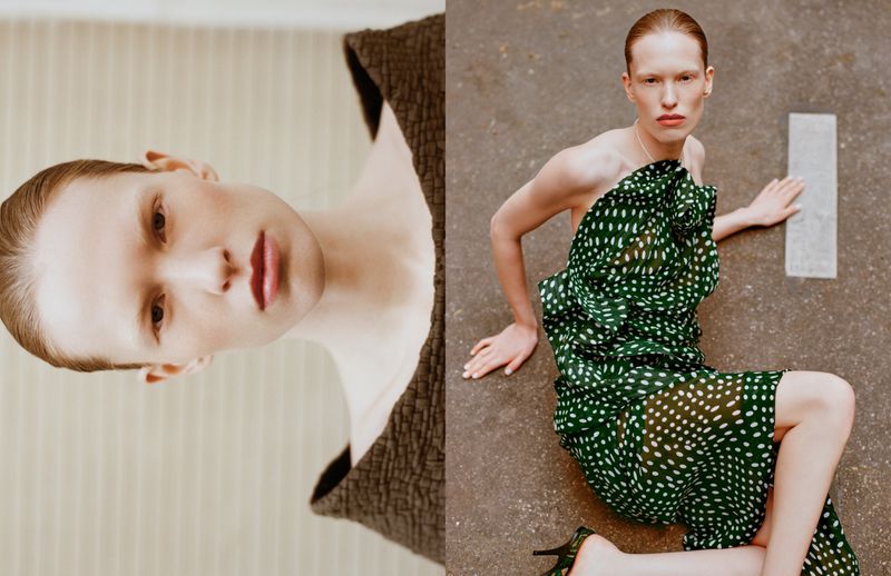 Fashion editorial shot of a fair-skinned model in a green polka dot dress posing outdoors and an angled portrait with a brown top.