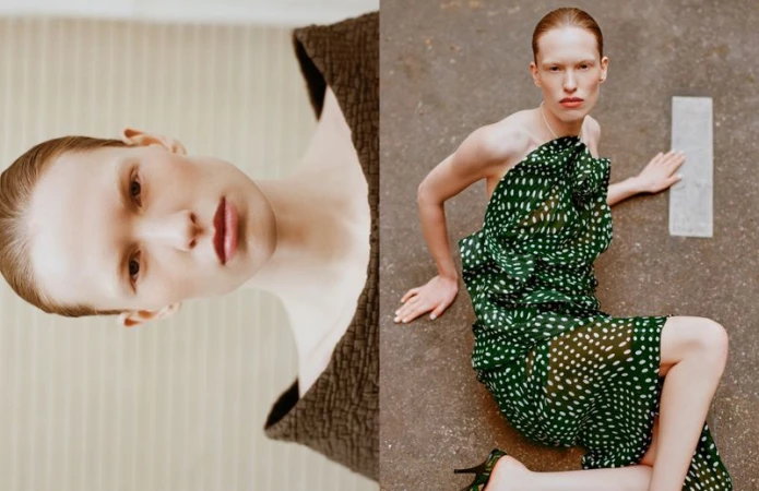 Fashion editorial shot of a fair-skinned model in a green polka dot dress posing outdoors and an angled portrait with a brown top.