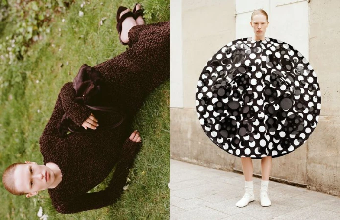 Two fashion models strike poses in separate outdoor scenes, one lying on the grass, the other in a polka-dot dress against a wall.