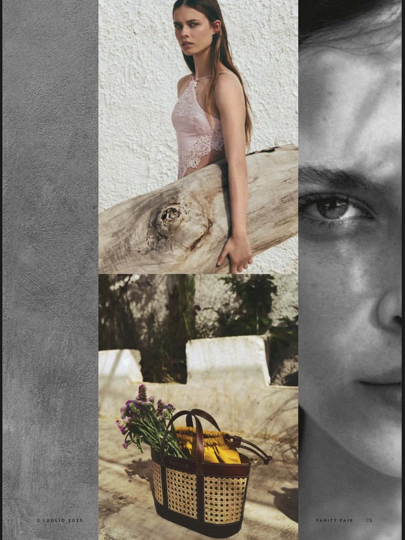 Fashion editorial shot with woman wearing lace top, holding driftwood, next to a handbag with flowers, and black and white portrait.