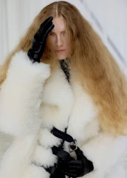 Model Constanze Van Rosmalen in an oversized white shearling coat and black leather gloves against a pale backdrop.