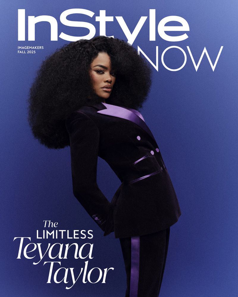 Teyana Taylor on InStyle magazine cover with large afro, wearing purple-trimmed suit against blue background; 'The Limitless Teyana Taylor'.