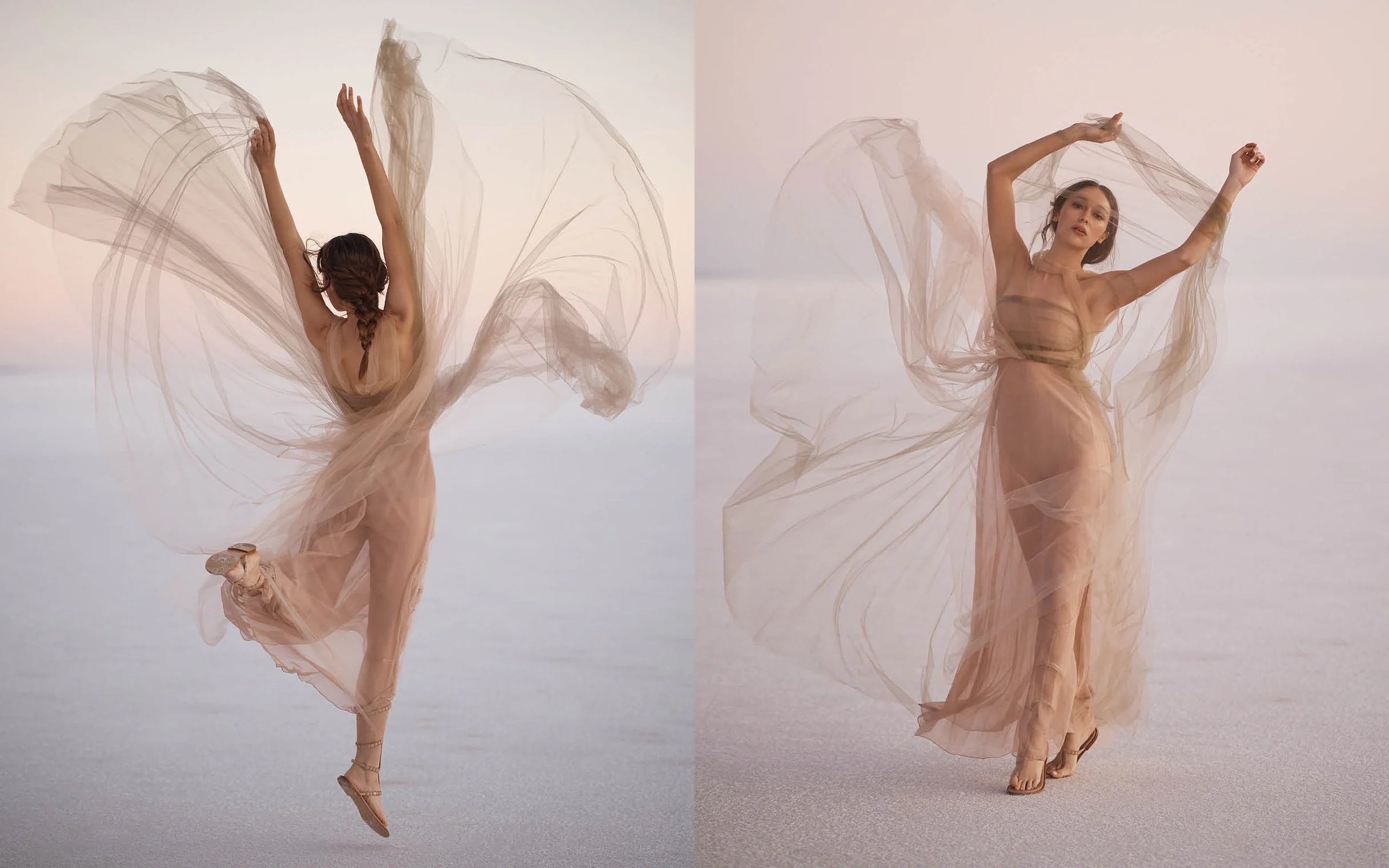 Two images of a woman dancing in a sheer dress on a salt flat with her arms raised, captured in a studio setting with soft lighting.