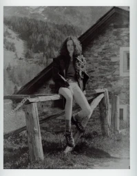 Young woman with dark hair sitting on a wooden fence outdoors in front of a rustic stone building and mountain landscape.
