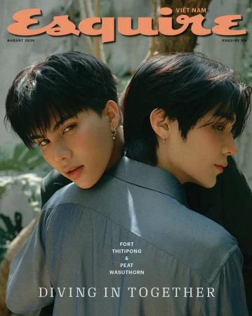 Esquire Vietnam cover featuring two young adult males with dark hair and light skin in a medium shot with lush green foliage backdrop.