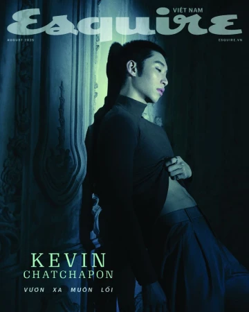 Esquire Vietnam magazine cover featuring Kevin Chatchapon in dark, moody indoor shot with architectural elements.