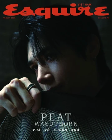 Esquire Vietnam August 2025 cover featuring Peat Wasuthorn in a patterned coat and ring under dramatic low-key lighting.