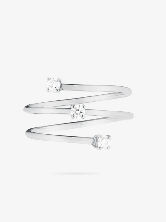 Silver spiral ring with three small, round, clear stones set on a plain white background, showing off the ring's contemporary design.
