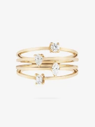 Multi-band gold ring featuring four parallel bands set with round, pear, marquise, and emerald-cut diamonds on white background.