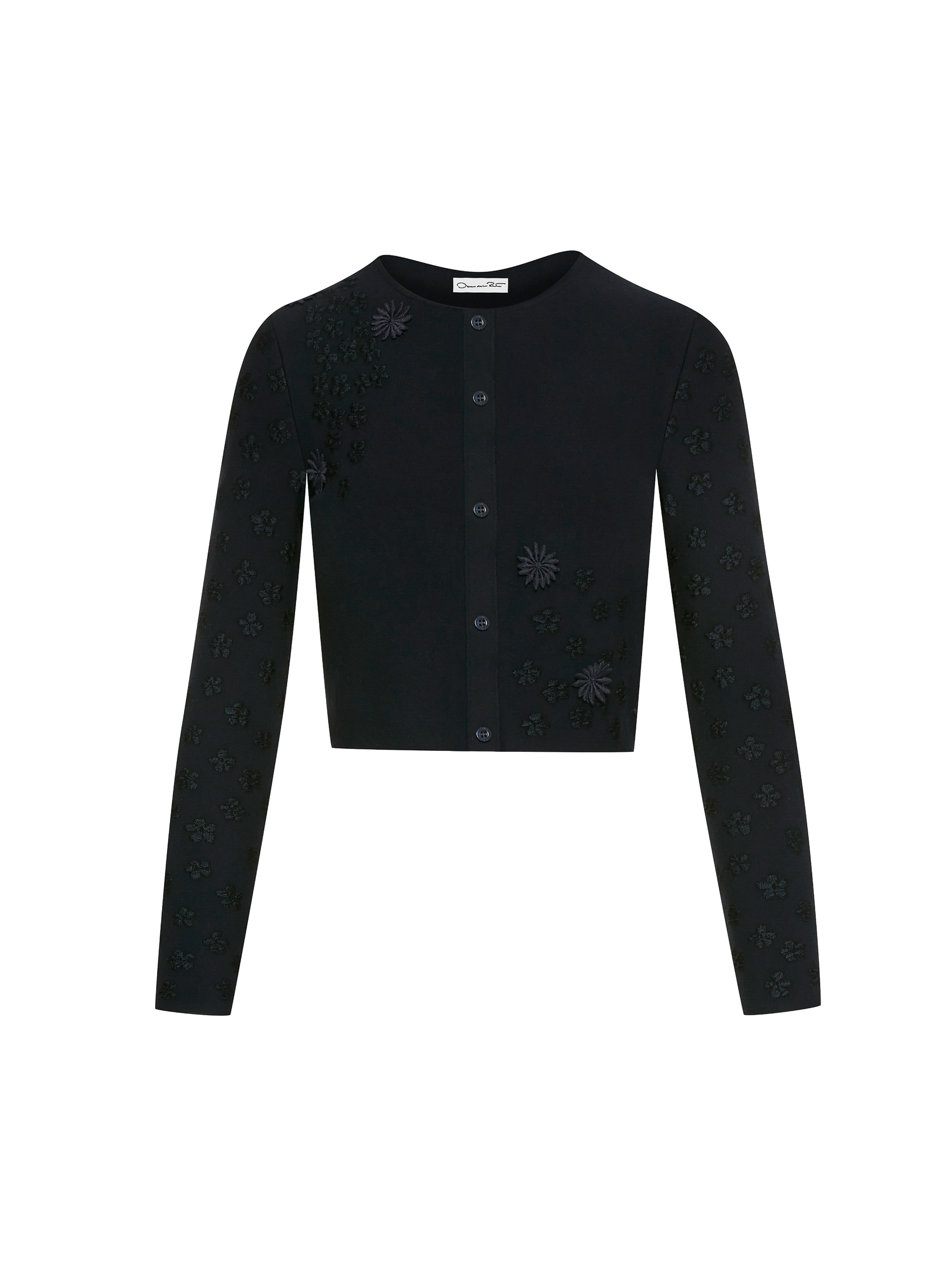 Black cardigan with embroidered floral details, long sleeves, and a round neckline. Ideal for fashion and stylish wear.