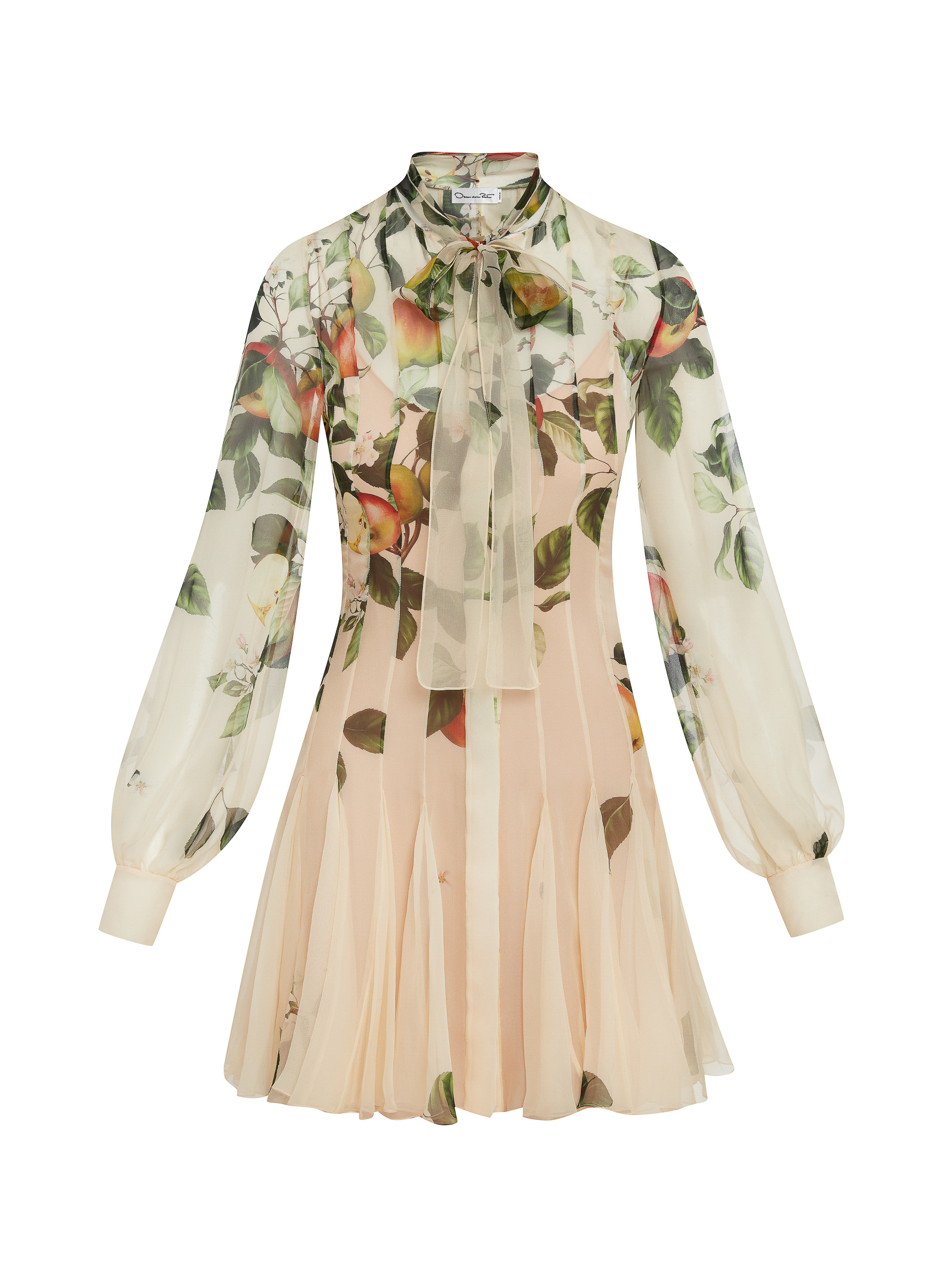 Elegant long-sleeve mini dress with a high neckline, sheer sleeves, and a peach-toned floral pattern, creating a delicate and refined look.