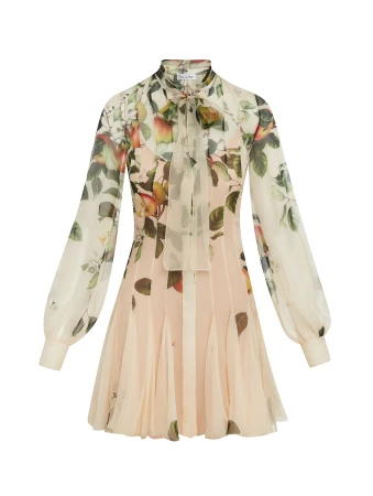 Elegant long-sleeve mini dress with a high neckline, sheer sleeves, and a peach-toned floral pattern, creating a delicate and refined look.