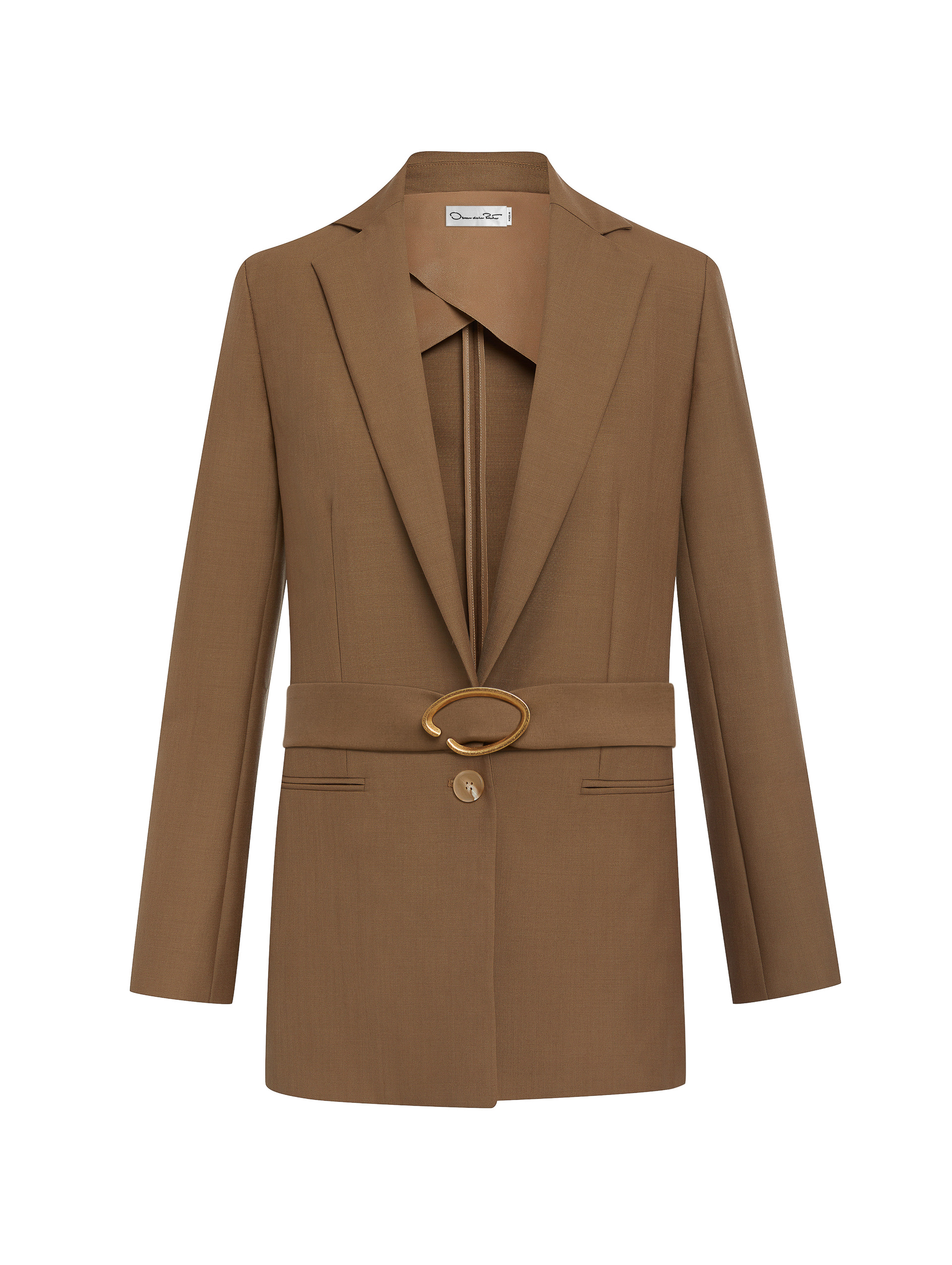 Tan blazer with belted waist and button closure, showcasing neutral fashion in a studio setting with visible label on the collar.