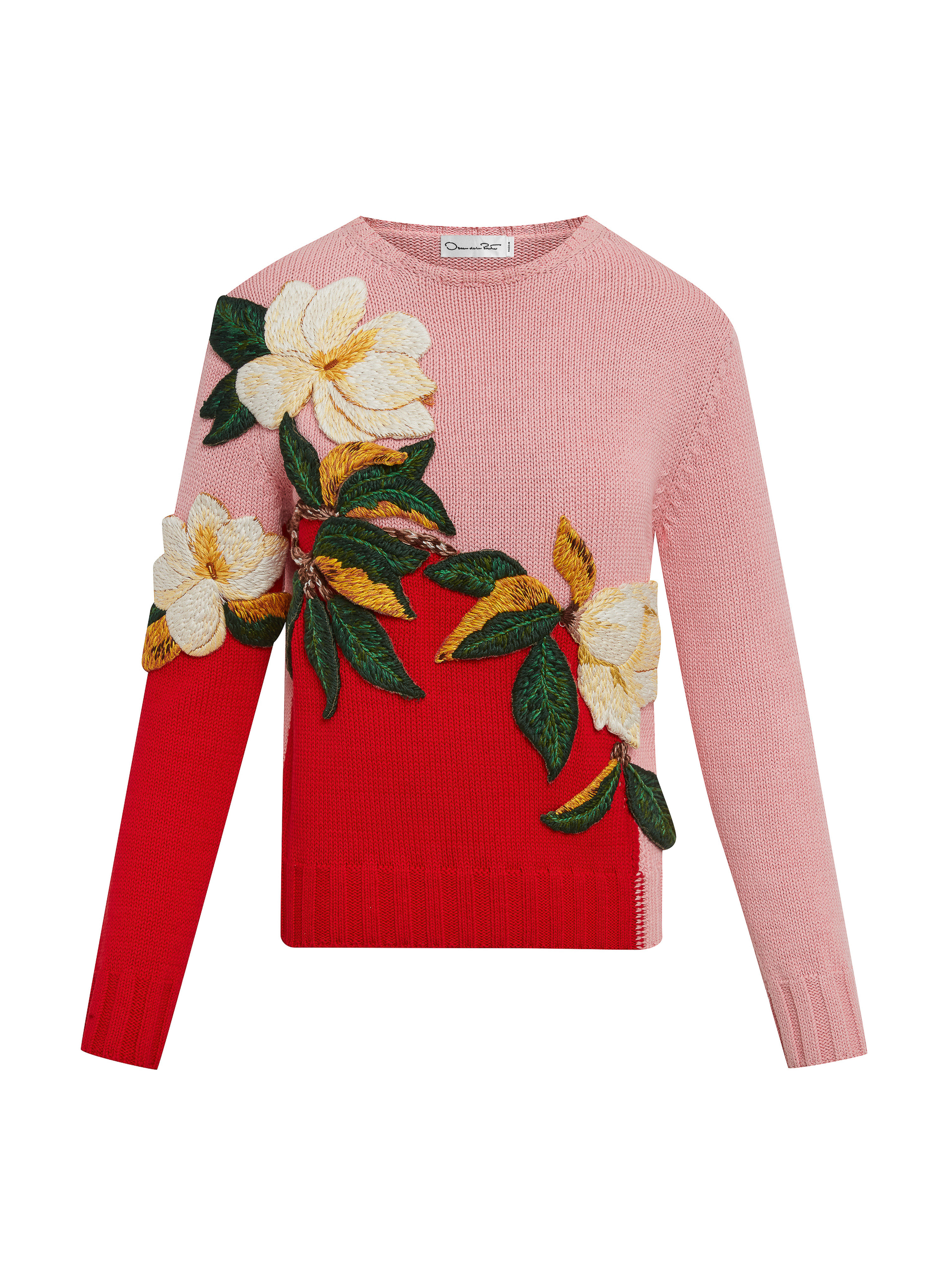 Floral-embroidered long-sleeve sweater in pink and red, showcasing detailed craftsmanship and vibrant color contrast on a white backdrop.