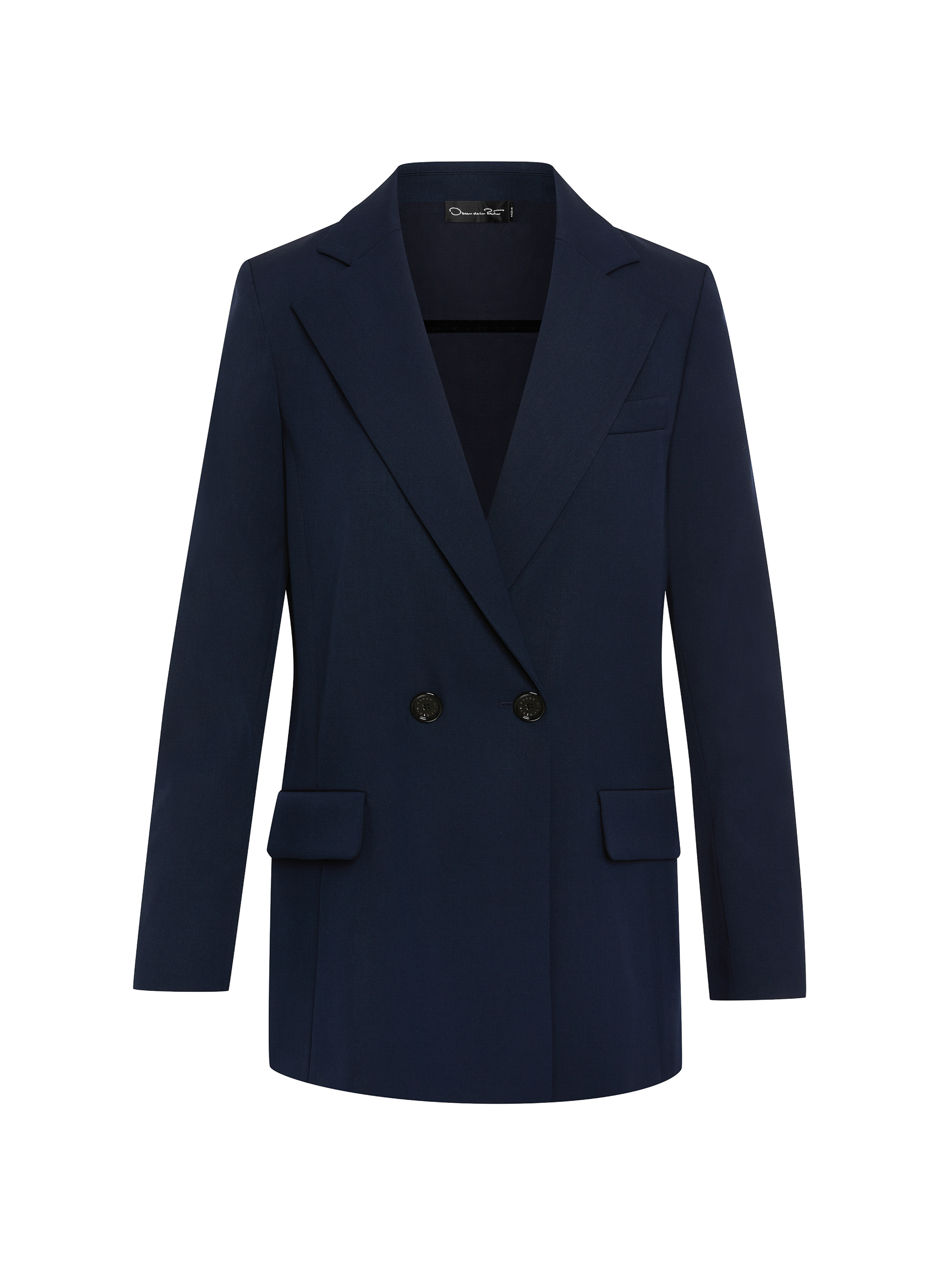 Navy double-breasted blazer with notched lapels, long sleeves, button closure, and flap pockets on a hanger against a white background.