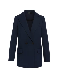 Navy blue double breasted blazer jacket displayed against a clean white background