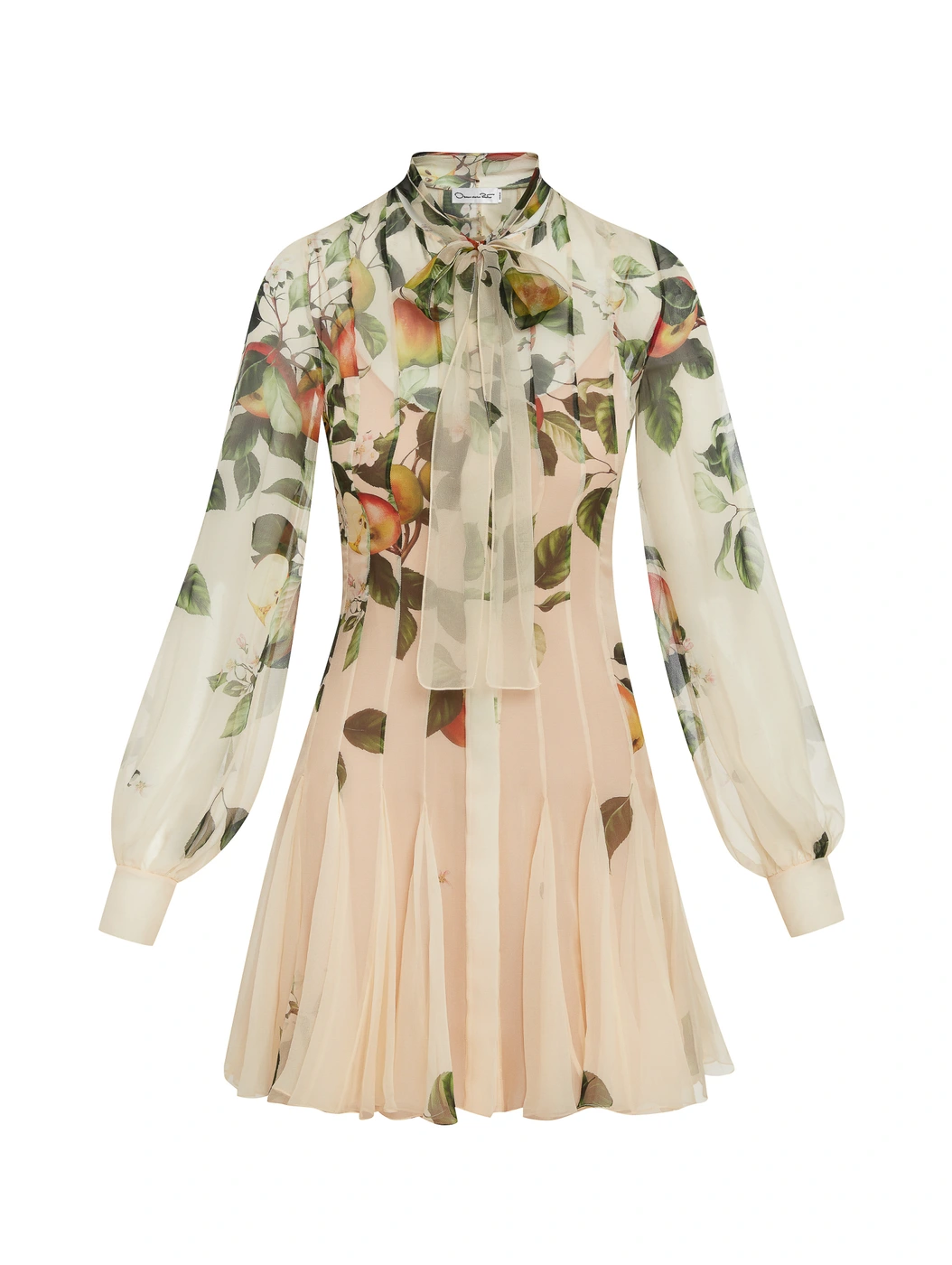 Long-sleeve botanical print mini dress with neck bow and pleated skirt by Oscar de la Renta on seamless white background.