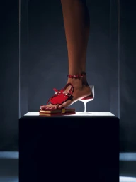 Close-up of a leg and red fringed shoe stepping on a book next to a miniature chair inside a glass display case
