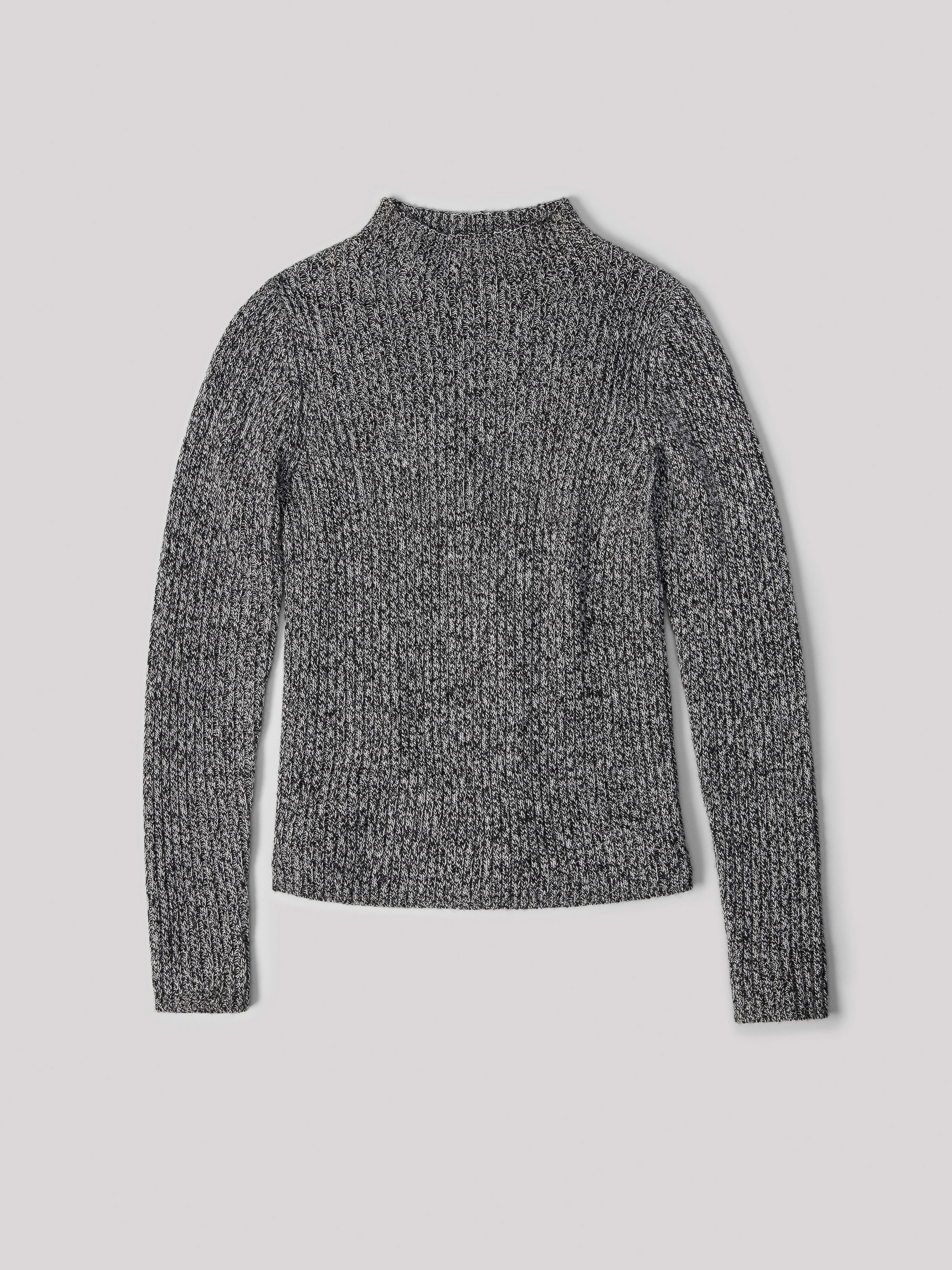 Gray knitted sweater with long sleeves and a high neckline on a neutral background, showcasing its texture and design.