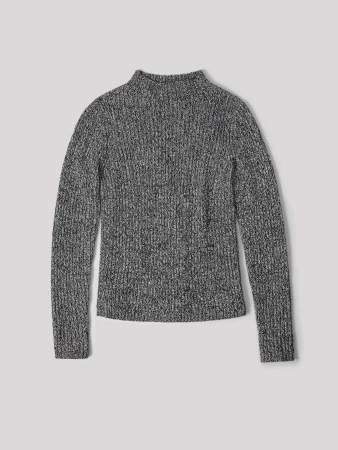 Gray knitted sweater with long sleeves and a high neckline on a neutral background, showcasing its texture and design.