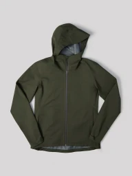 Dark olive green hooded zip jacket displayed flat against a plain light grey studio background.