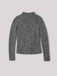 Grey textured mock neck sweater displayed flat against a neutral light grey seamless background