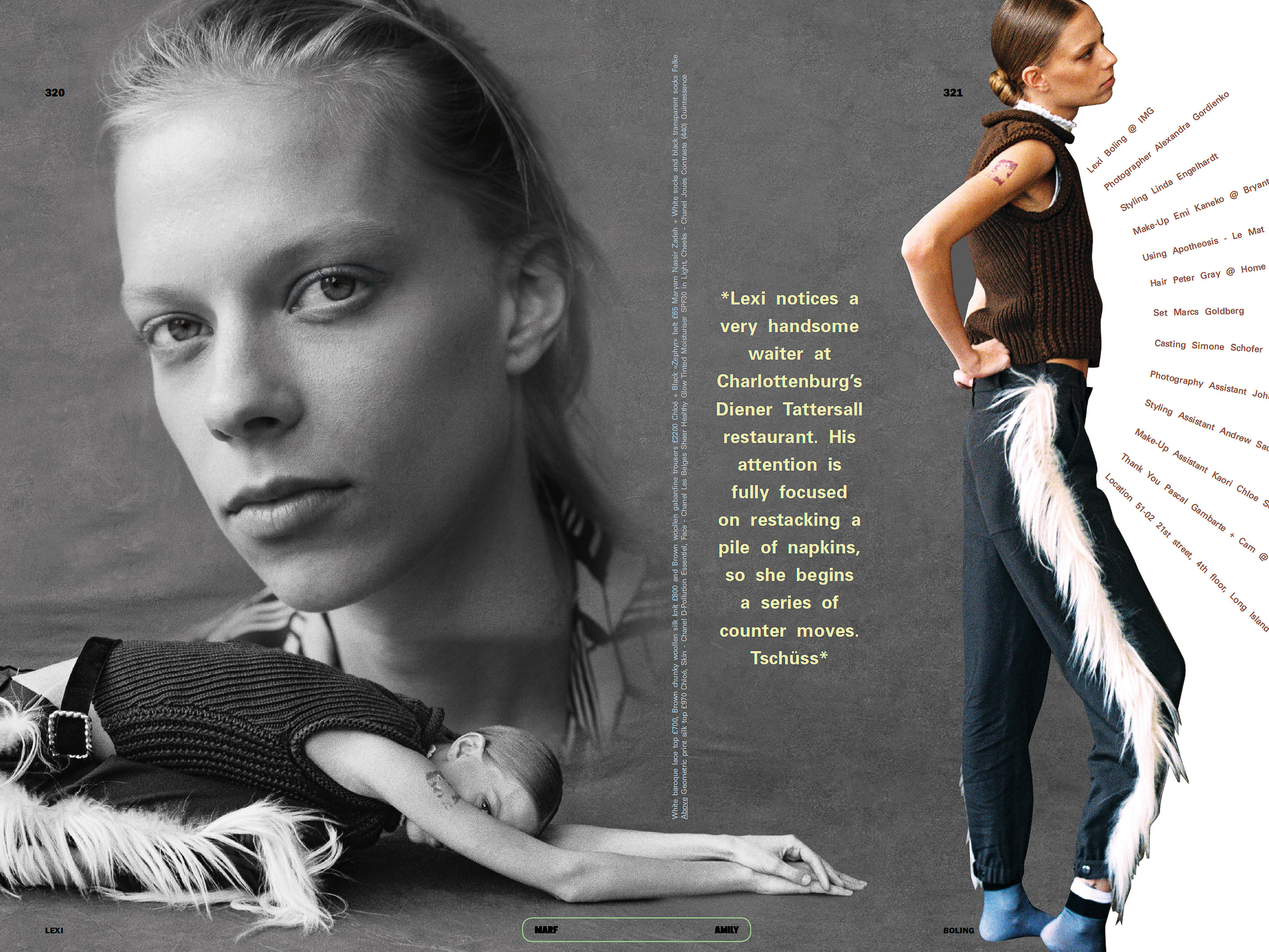 Fashion editorial featuring a fair-skinned woman in a dark top and light pants with a fur detail, alongside text from a magazine spread.
