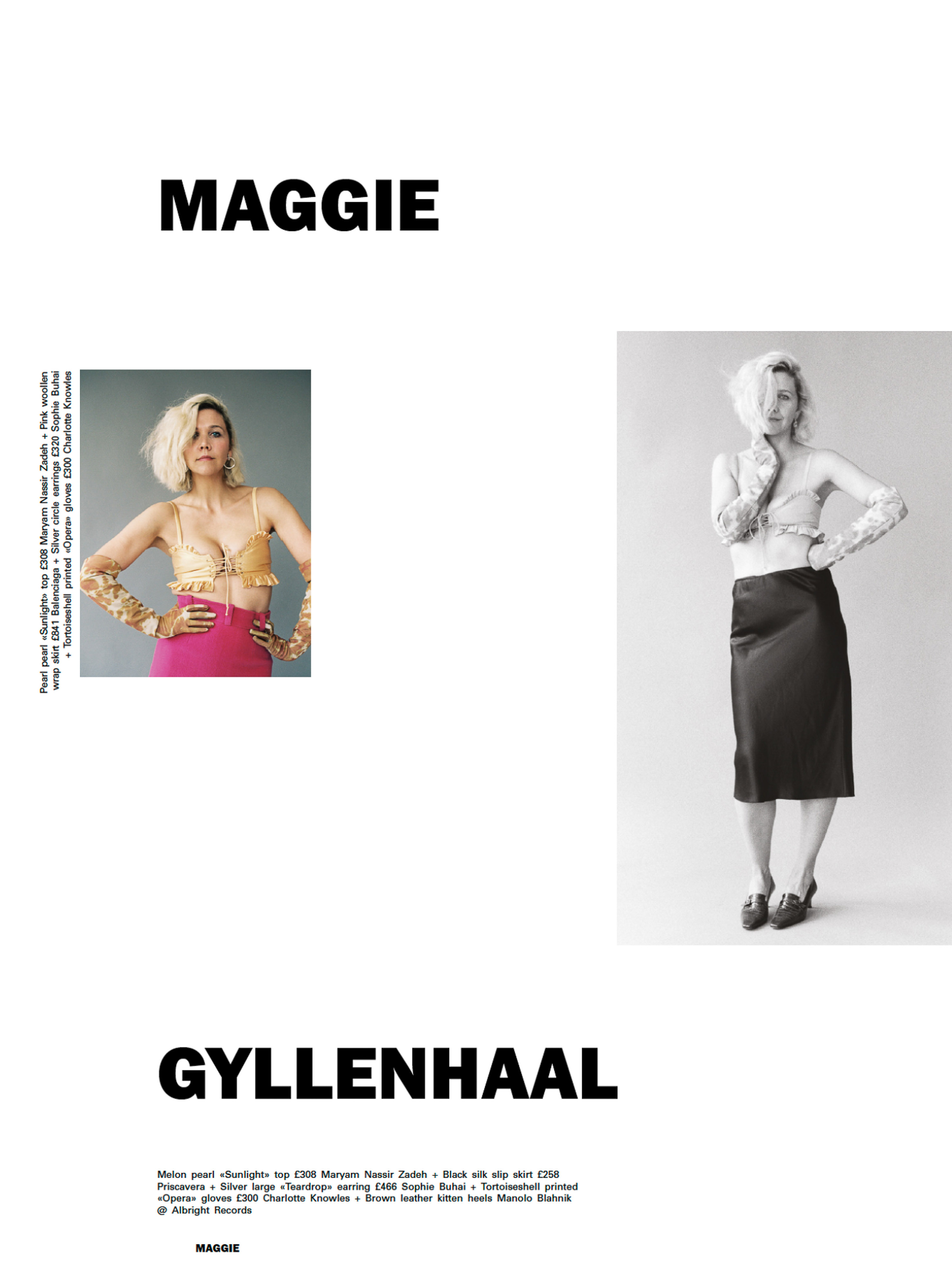 Black and white portrait and color print of a blonde woman wearing a floral top and skirt, posing in front of a grey backdrop.