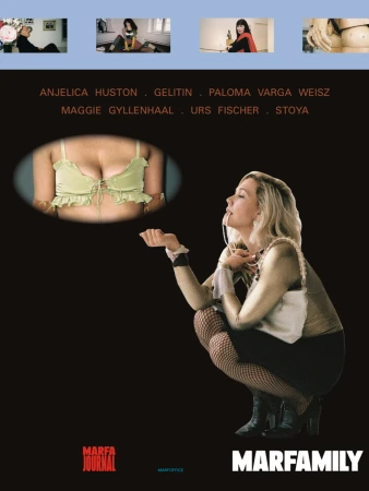 Poster art for Marfamily featuring a woman crouching, lingerie, and film credits against a black background with additional film frames.