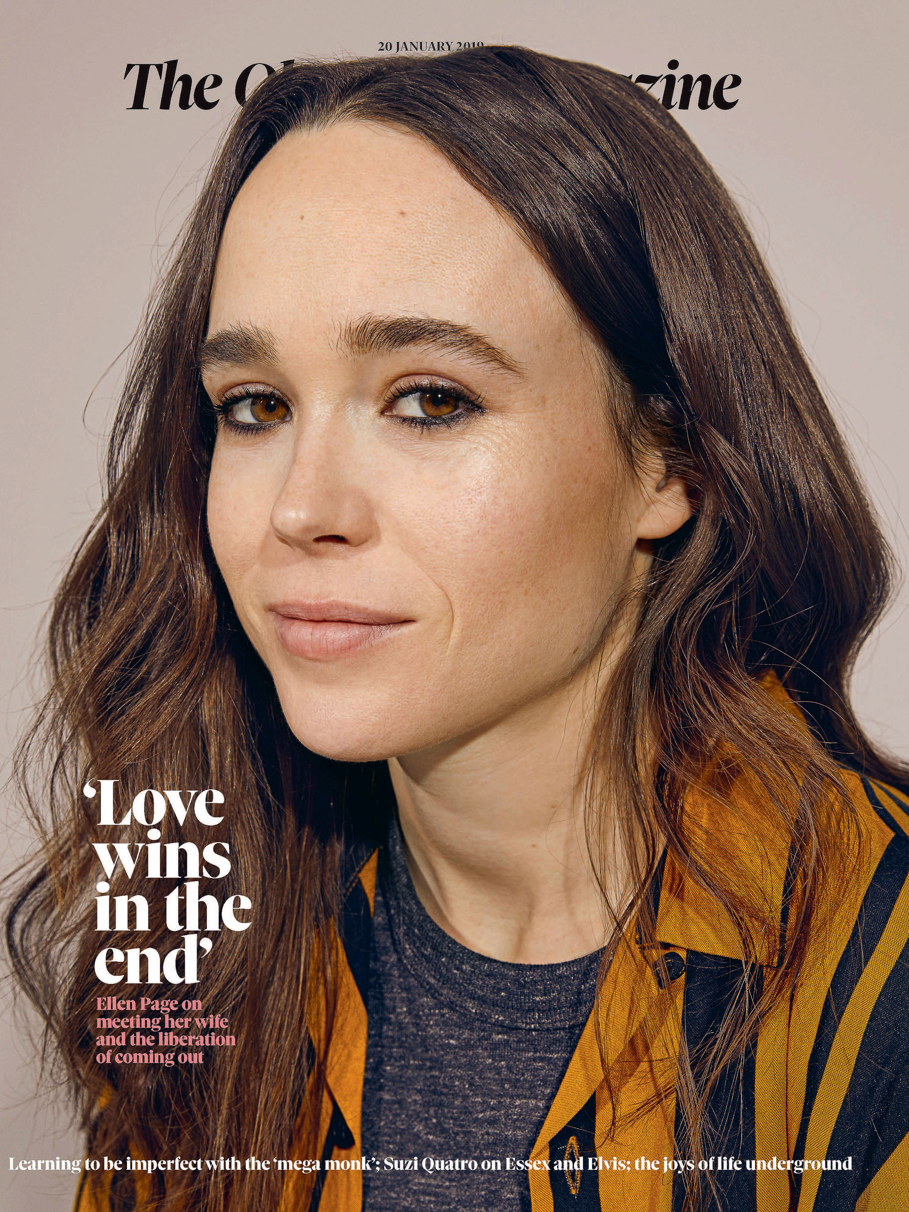 Close-up of a magazine cover featuring a portrait of actress Elliot Page with their name, magazine name, and cover text.