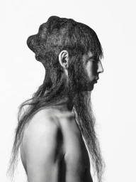 Profile portrait of a shirtless person with long dark sculpted hair against a bright white background