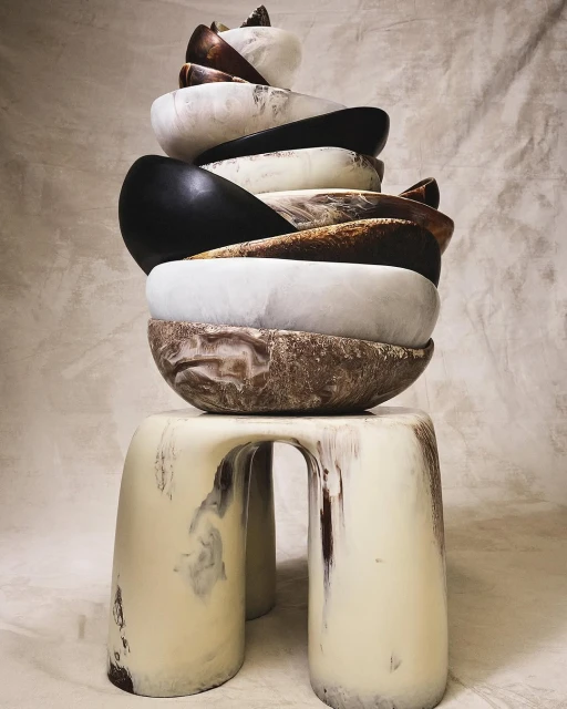 Stacked bowls in various colors and materials sit atop a white stool against a neutral backdrop, creating an artistic still life.