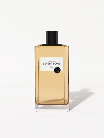 Studio shot of rectangular Seventy One Gin bottle with black cap, pale-amber liquid inside, label in white against a clean white backdrop.