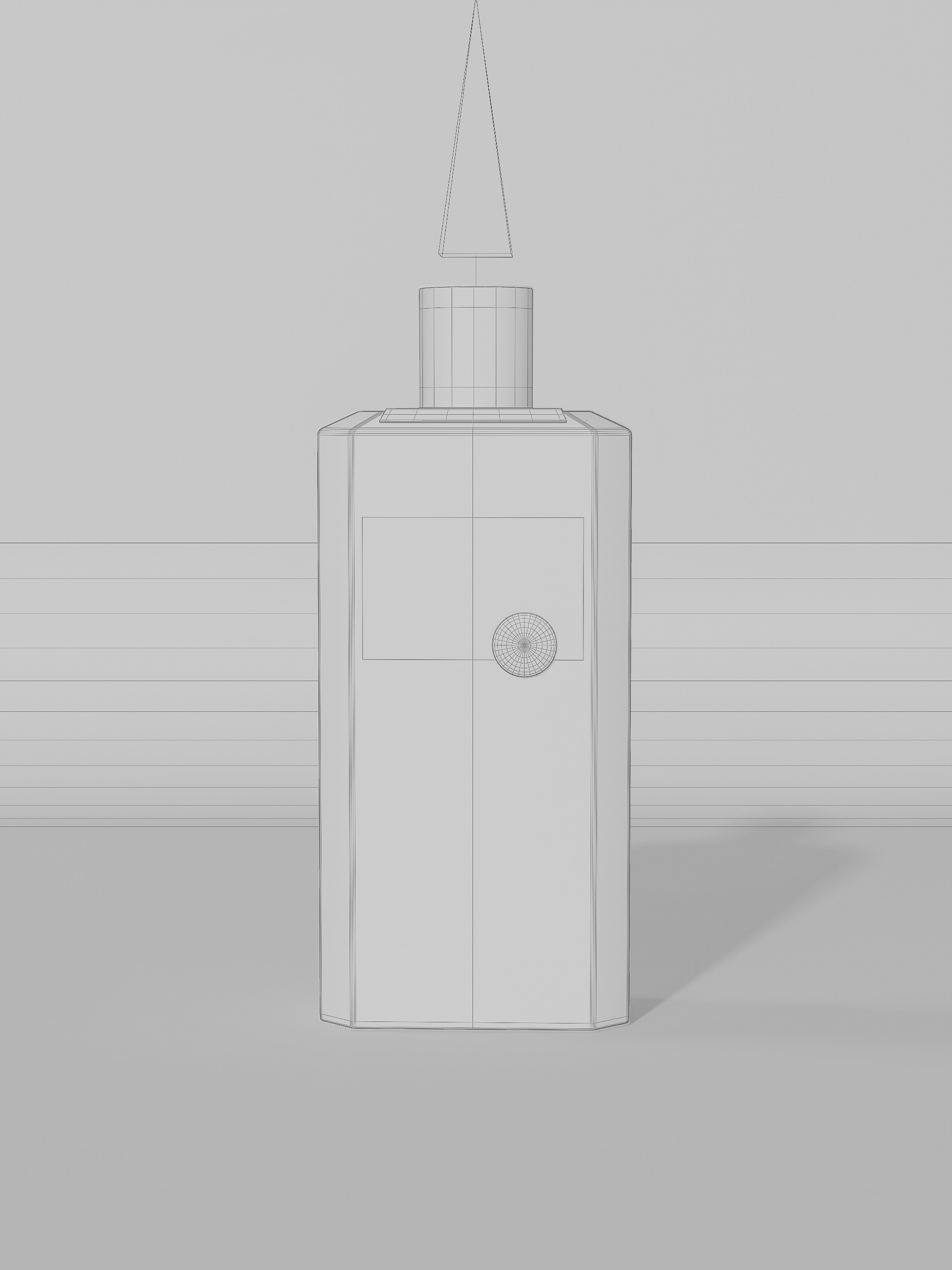 Wireframe rendering of a perfume bottle with a removable cap, set against a horizontally paneled wall and plain floor.