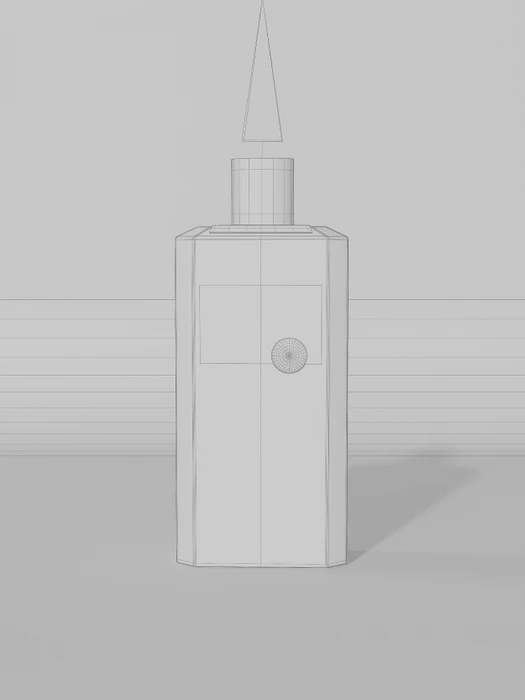 Wireframe CGI render of a rectangular gin bottle with a floating conical cap against a grey studio backdrop.