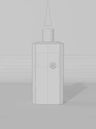 Wireframe CGI render of a rectangular gin bottle with a floating conical cap against a grey studio backdrop.