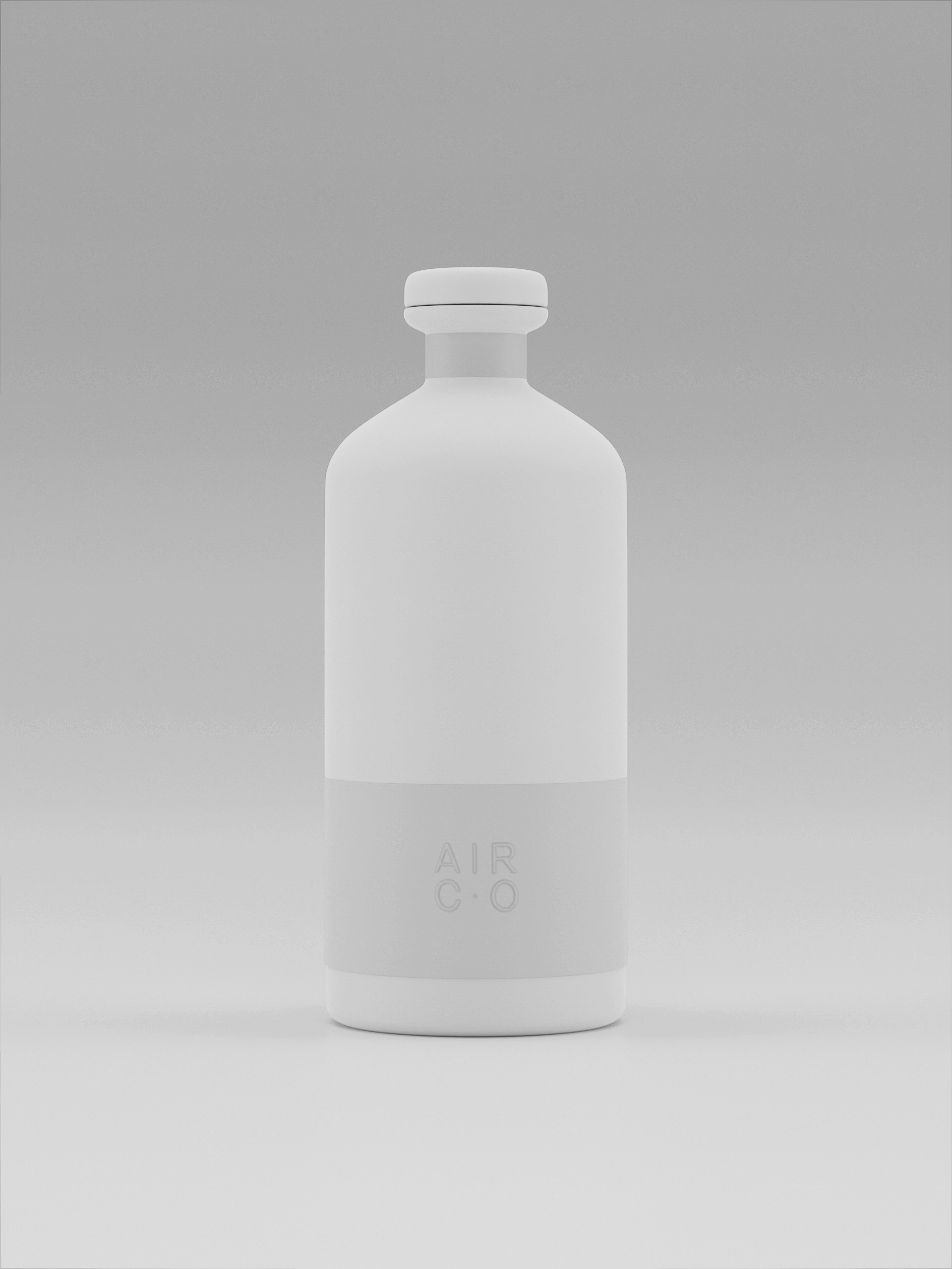 Still life shot of a matte white cylindrical bottle with label on a seamless white background, minimalist composition, studio lighting.