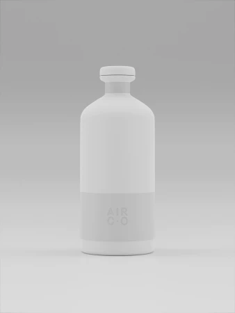 Still life shot of a matte white cylindrical bottle with label on a seamless white background, minimalist composition, studio lighting.
