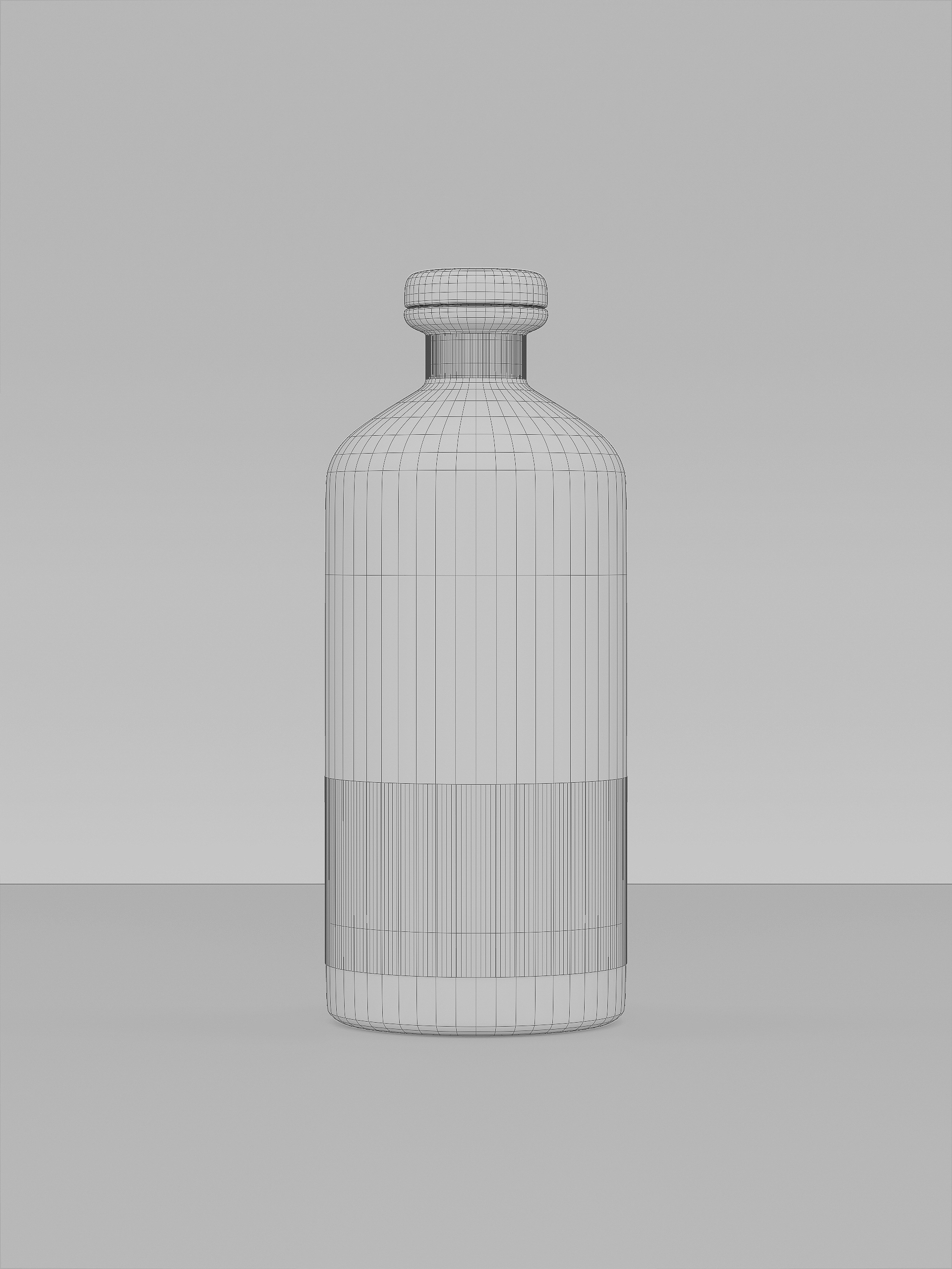 3D render of wireframe glass bottle against a plain background, showcasing a clear and simple design with visible structural lines.
